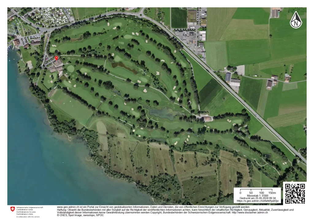 Karte des Golfplatz Interlaken Unterseen. Bunker, Wasserhindernisse & Puttinggreens